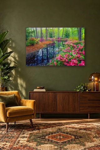 Fida Pembe Açelyalı Orman Göleti Canvas Tablo Çok Renkli