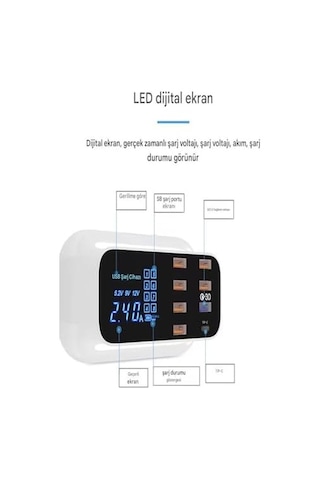 Doolike 8 Port Usb Hızlı Şarj İstasyonu Qc 3.0 + Type-c Amper Led Göstergeli Akım Koruma 1.5m Kablo Beyaz
