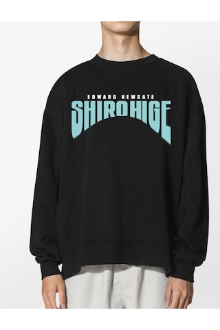 Unisex Siyah Whitebird Baskılı Hoodie Oversize Kapşonsuz Sweatshirt Siyah