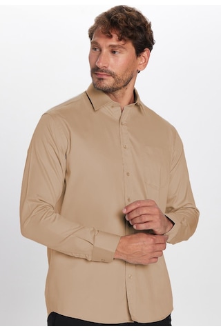 Tudors Erkek Regular Fit Klasik Kesim %100 Pamuk Saten Tek Cepli Krem Gömlek-32673 Krem