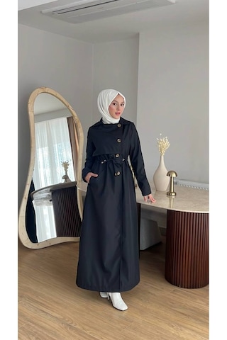 Esra Butik78 Kadın Düğmeli Trençkot Kendi Kumaşından Kemerli Model Siyah