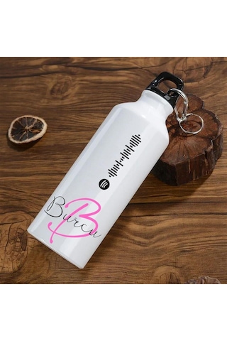 Kişiye Özel Spotify Tasarımlı Kancalı Alüminyum Beyaz Su Matarası - 600mlt