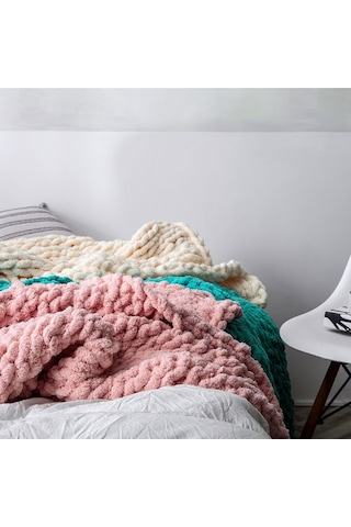 Sones El Yapımı Kalın Yün Örgü Battaniye Kanepe Şönil Çubuk Örgü Battaniye, Boyut: 80 X 100 Cm Muhallebi