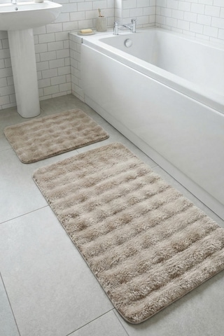 2 Li Peluş Bubble Banyo Paspas Seti 60x100+50x60 Cm Kaymaz Lateks Taban, Yumuşak Yüzey, Yıkanabilir Vizon