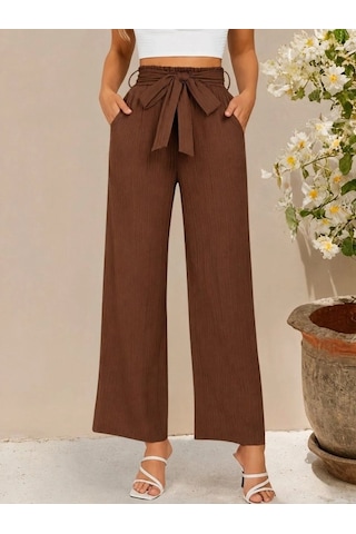 DefyModa Kadın Yüksek Bel Lastikli Bağcıklı Uzun Geniş Kesim Detaylı Krinkıl Pantolon Kahve