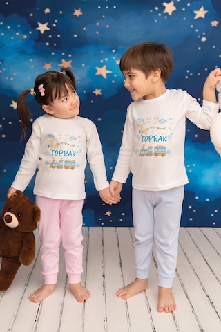 Pia Baby İsme Özel Erkek Çocuk 2 Adet Pijama Takımı %100 Pamuk Penye İsim Baskılı Kişiye Özel Kreş Pijaması Hediye Seti 20968p15pi Krem