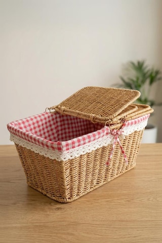 Digithome Kapaklı Rattan Vintage Dantelli Dikdörtgen Piknik Sepeti -9t14 U/6 Kahverengi