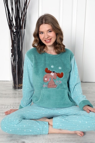 Wordex Fwn 04-3301 Peluş Welsoft Polar Kışlık Yumoş Geyikli Kadın Pijama Takımı Yeşil
