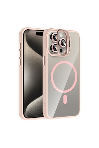 Subutu Apple Uyumlu iPhone 15 Pro Max Kılıf Standlı Ve Kamera Lens li M-safe Şarj Özellikli Sbt Etro Kapak - Pemb Pembe