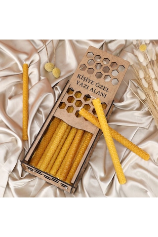 Doğal Balmumu Mum Seti 20 Li 21cm X 1 Cm Kişiye Özel Ahşap Kutulu - %100 Doğal