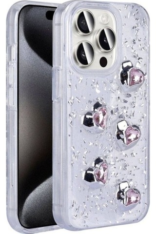 Apple Uyumlu iPhone 15 Pro Max Kılıf Airbagli Simli Arka Yüzey Zore Işıltı Silikon Kapak Beyaz-kalp