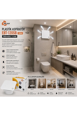 Plastik Aspiratör 120 Beyaz Banyo Tuvalet Havalandırma Aspiratörü 16w 1900rpm 80m3/h Ebt-120sb