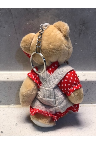Sevimli Elbiseli Tulumlu Ayıcık Peluş Oyuncak Anahtarlık Uyku Arkadaşı Hediyelik 12 Cm Bordo