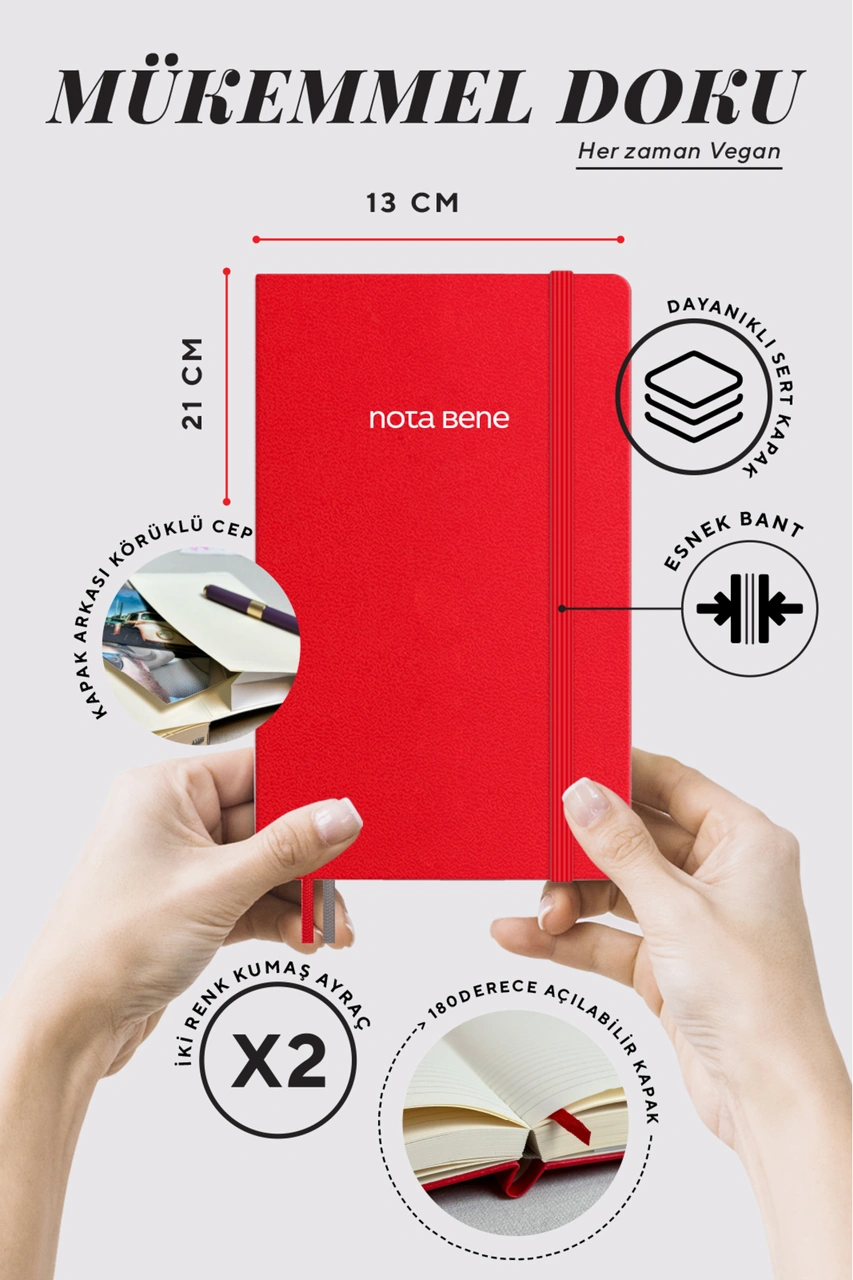 Nota Bene Classic Sert Kapak Defter, 13x21 Cm, Çizgili Red