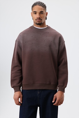 Vamos Yıkamalı Taş Detaylı Oversize Sweatshirt Kahve