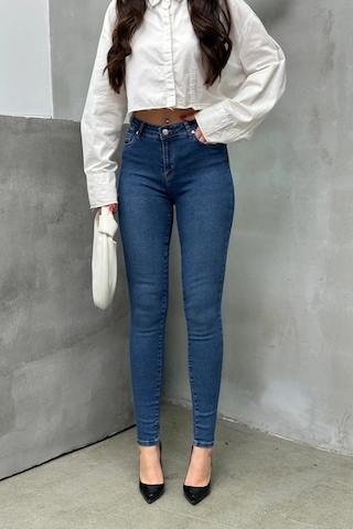 Kadın Orta Mavi Yüksek Bel Skinny Jean Pantolon Dar Paça Esnek Denim Kot 26