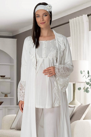 Mecit Pijama 5353 Sandra Dantelli Yaka Sabahlıklı Lohusa Pijama Takımı 001