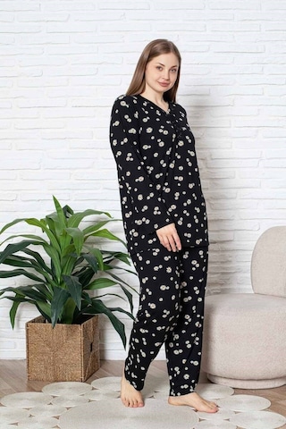 Kadın Papatya Desenli V Yaka 3 Düğmeli Viskon Büyük Beden Mevsimlik Uzun Kol Pijama Takımı Siyah