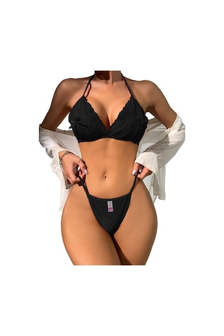 Liona Fantezi Sütyen Külot Siyah Bralet İç Çamaşırı Takımı 001