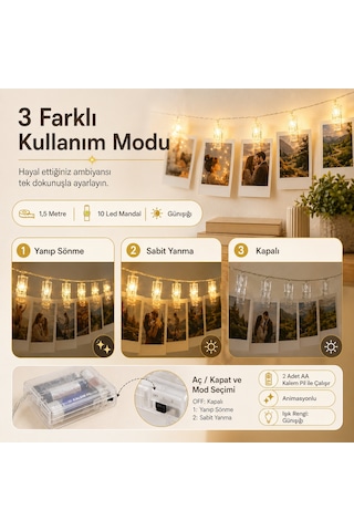 Led Işıklı Fotoğraf Asma Mandalları Pilli Animasyonlu 10 lu 1,5 Metre Zincir Dekoratif Aydınlatma