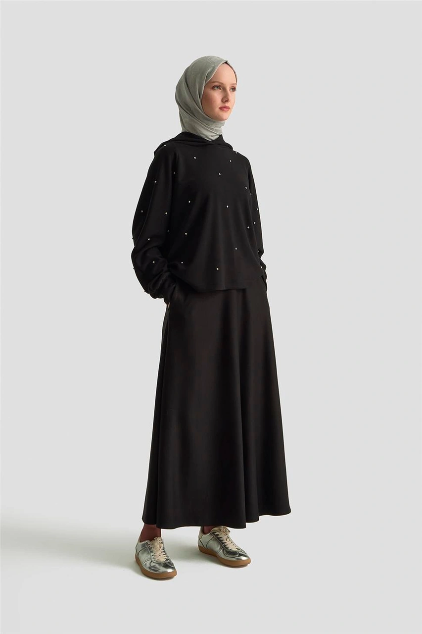Armine Taşlı Kapüşonlu Sweat 25kd4031 Siyah Siyah