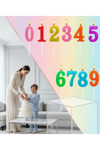 3b Trend Renkli Rakamlı Doğum Günü Pastası Mum Seti - 10 Adet Tüm Rakamlar Mum Yetişkin