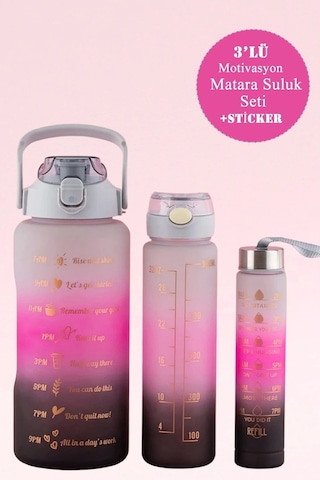 3'lü Motivasyon Spor Suluk Matara Pipetli Kokusuz Taşınabilir Stickerlı Set