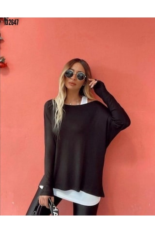 Tua Moda Kadın Uzun Kollu Tek Omuzdan Açık Çilek Bluz Ve Viskon Atlet Ikili Takım Siyah