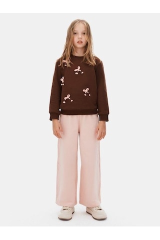 Kız Çocuk Fiyonk İşlemeli Sweatshirt-16134 Kahverengi