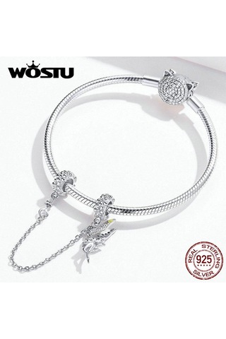 Wostu 925 Ayar Gümüş Güvenlik Zinciri Elf Peri Melek Charms Fit Orijinal Bilezik Ve Bileklik Gümüş