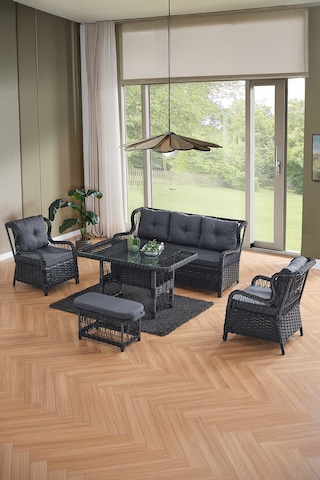 Paris Rattan Puflu Bahçe Balkon Takımı 3+1+1 Cam Masalı Antrasit