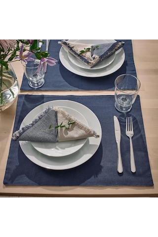 6 Adet Amerikan Servis, Çift Taraflı Meridyendukkan Beyaz-koyu Mavi Renk Puantiye Model 45x35 Cm Pamuk-jüt Beyaz