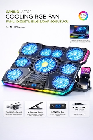 9 Fanlı Laptop Soğutucu 2400 Rpm Ultra Güçlü Fan 13-19 İnç Laptoplar İle Uyumlu 8 Kademe Yükseklik