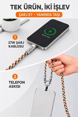 Torima Hızlı Şarj Kablosu Telefon Askısı Type-c To Lightning 27w Örgü Data Kablo U32 Renkli