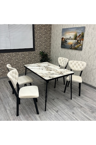 Akumarin Mutfak Yemek Masası Takımı- 4 Kişilik Mutfak Masa Sandalye Takımı- Mutfak Masası Takımı Siyah Beyaz Mermer Krem