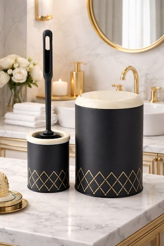 Geometrik Zikzak Desenli 2'li Banyo Seti Siyah