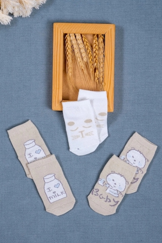 Cocole Socks Erkek Bebek Soket Çorabı 3 Lü Set Pamuklu Bej Sevimli Figür Desenli Çok Renkli