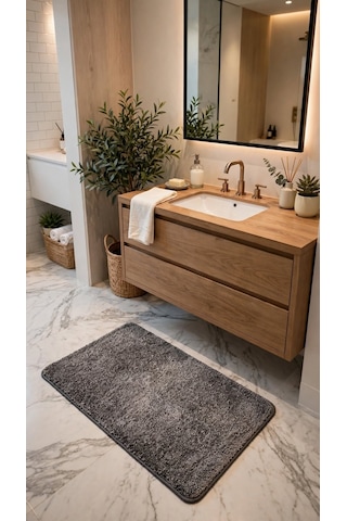 Buddy Lüks Shaggy Banyo Paspası - Füme Gri, Yumuşak Tüylü, Kaymaz Tabanlı - 60x100 Cm