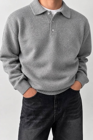 Serablanka Erkek Polo Yaka Oversize Triko Kazak Rahat Kalıp Gri