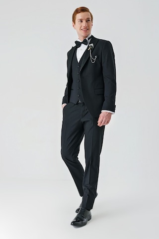 İmza Siyah Çıkarılabilir Kırlangıç Yaka Yelekli Likralı 6 Drop Slim Fit Smokin Damatlık 1001240200-Siyah