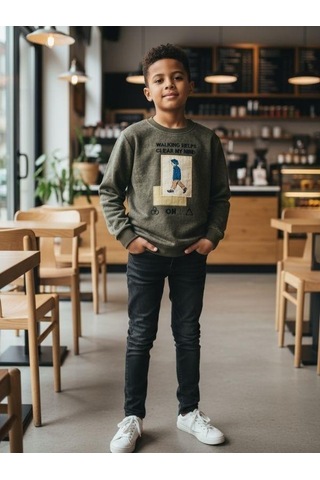 Zekids Erkek Çocuk Pamuklu Clear My Mind Yazılı Batik Desenli Sweatshirt-16333 Haki