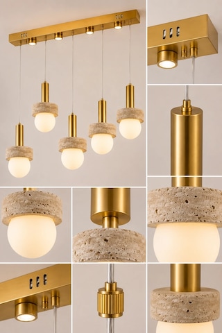 Eskitme Premium Traverten Taşlı 5'li Sarkıt Avize Gold Kasa Salon Mutfak Aydınlatma 24w