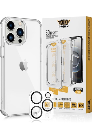 Buff Apple Uyumlu iPhone 13 Pro Avantaj Paket - Şeffaf Kılıf + Ekran Koruyucu + Lens Koruyucu Glass