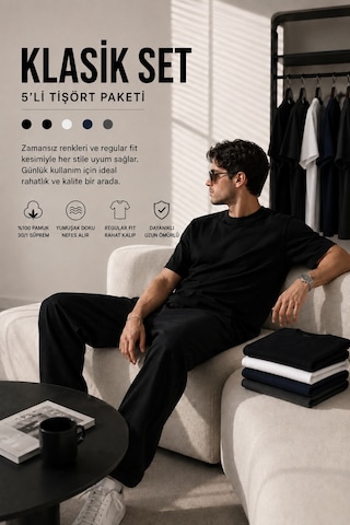 Masion Rae Erkek 5'li Basic Tişört Seti Regular Fit Bisiklet Yaka %100 Pamuk 30/1 Süprem Siyah-siyah-beyaz-lacivert-antrasit