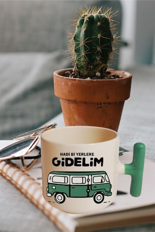 Hadi Gidelim Yeşil Kulplu T Kulp Kupa Beyaz
