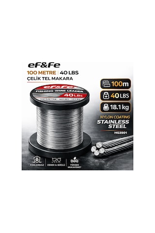 Effe Hg2501 Çelik Tel Makara 100m 40lbs 18.1kg Nylon Coating Stainless Steel 40 Lbs