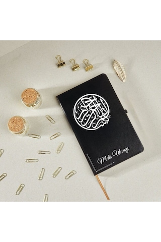 Kişiye Özel Besmele Hat Yazılı Deri Kapak Hediyelik Defter Siyah