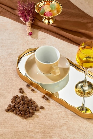 2 Kişilik Aynalı Gold Sunum Servis Tepsisi Tepsi Dekoratif Ayna Altın Sarısı