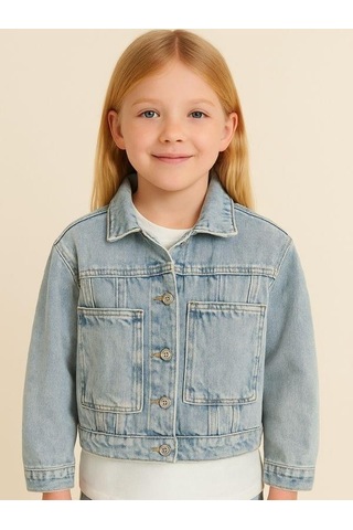 Kız Çocuk Yandan Kanguru Cepli Kot Ceket-16066 Mavi