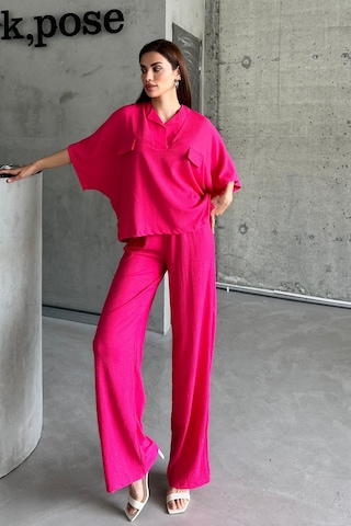 Kadın Fuşya Yarasa Kol Sahte Cep Bürümcük Alt Üst Palazzo Takım Fuşya
